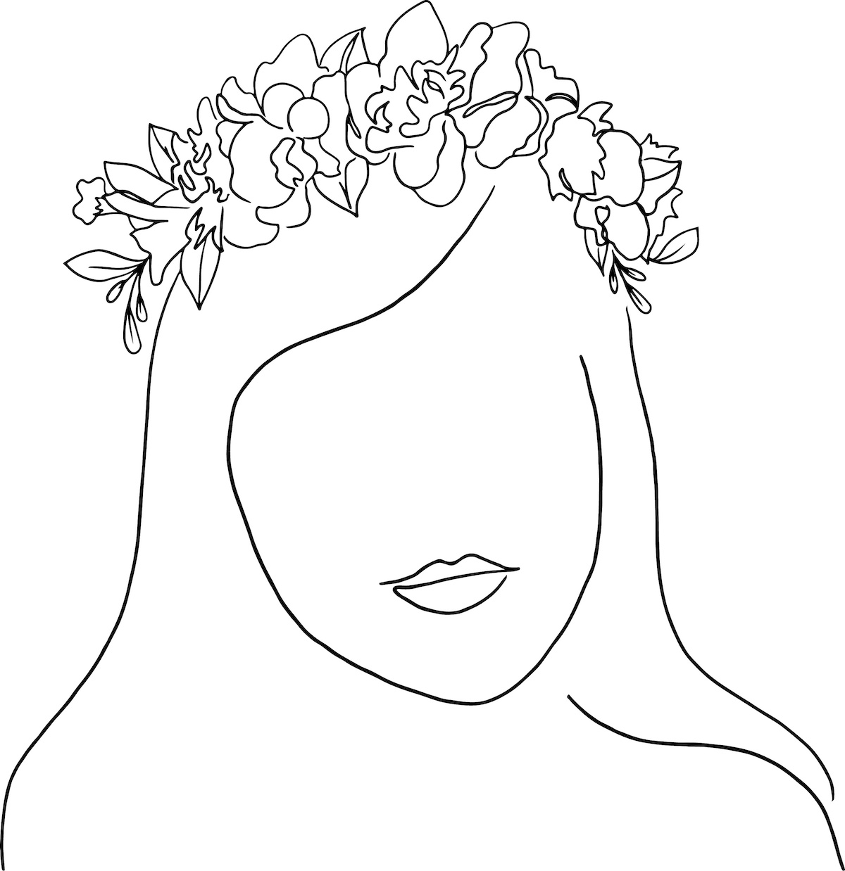 Continuous line drawing of woman wearing a flower crown