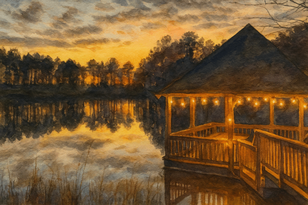 Magnolia Creek Watercolor painting of gazebo at lake at sunset