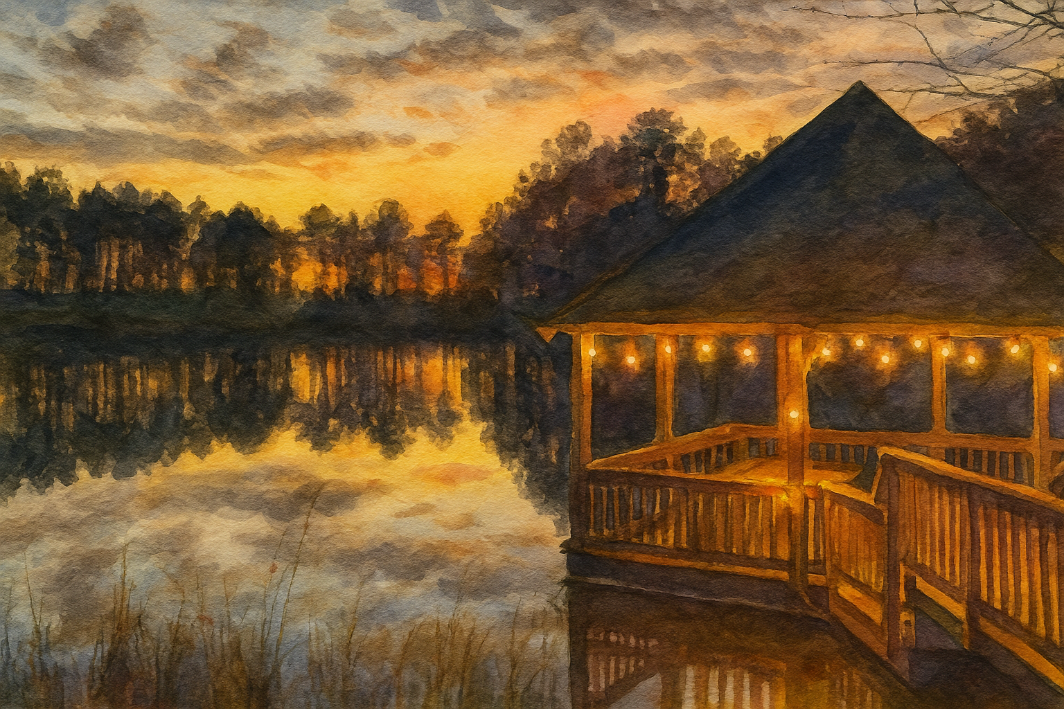 Magnolia Creek Watercolor painting of gazebo at lake at sunset