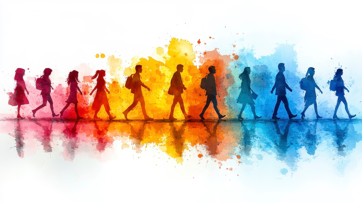Group of people walking silhouetted against colorful, painterly watercolor background
