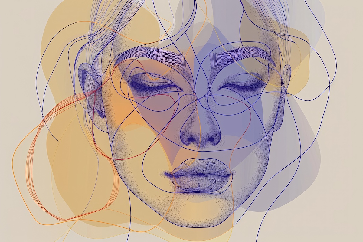 Continuous line drawing of woman's face with blue and orange accents