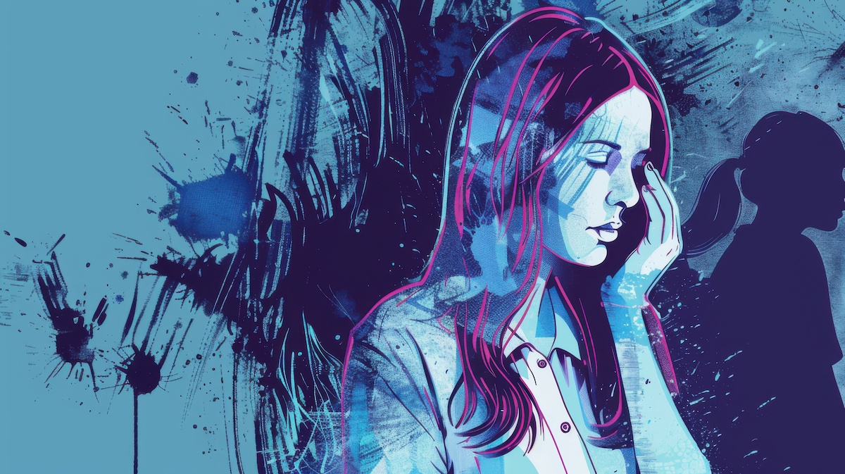 Sad Woman with Hand on Face and Abstract Blue Background