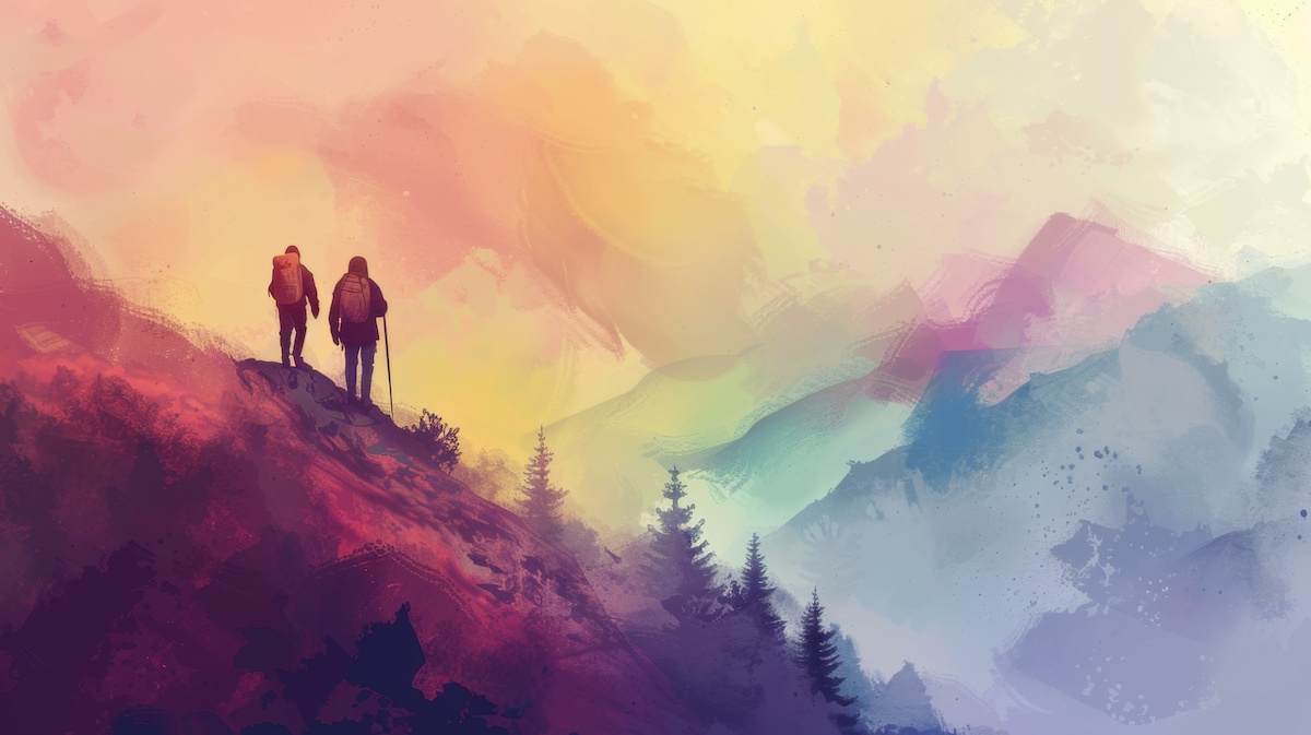 15. Mountain Hiking, realistic style, muted tones, watercolor pattern, high angle, bright light, smoke,