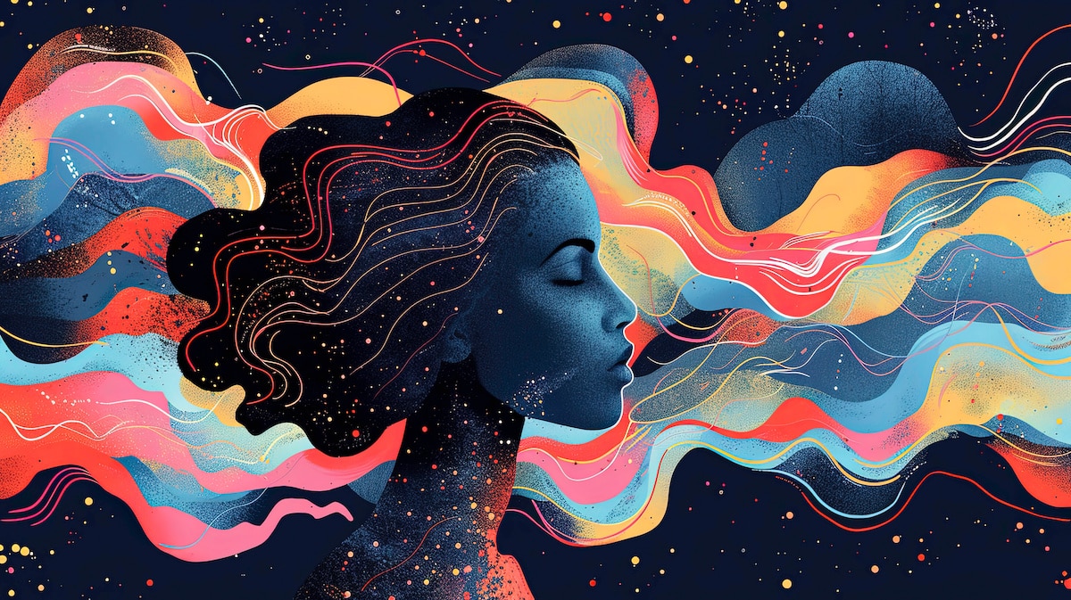 Background of Woman Immersed in Sound Waves Meditation Music Wellness Good Mood Mental Health Stress Relief Serenity Abstract Illustration Wallpaper Template for Presentation Slides 16:9