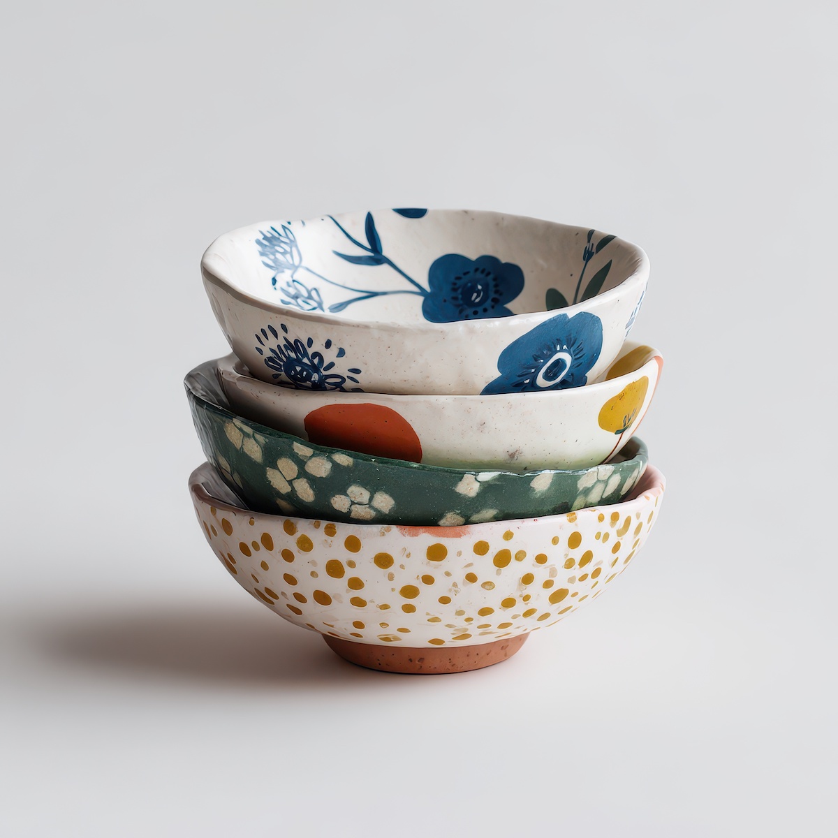 Stacked Modern Ceramic Bowls with Colorful Floral and Abstract Designs