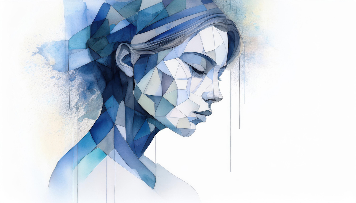 Drawing of woman’s head shot portrait with sad expression in her face, eye closed in water color on white background for depression, mental health disorder concept