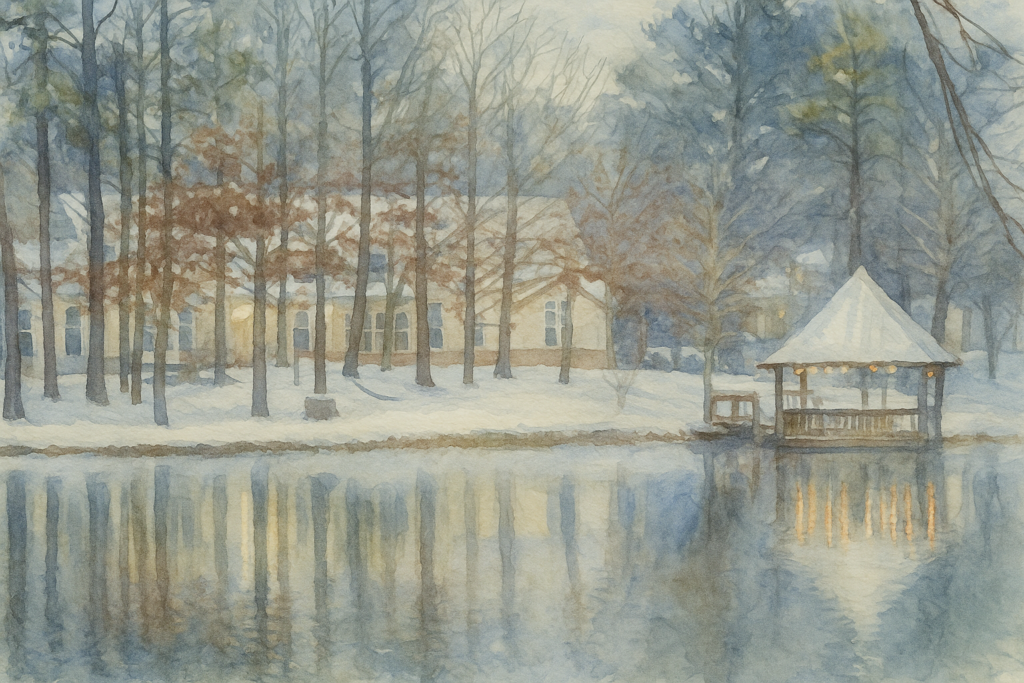 Magnolia Creek - watercolor of lakefront in snow