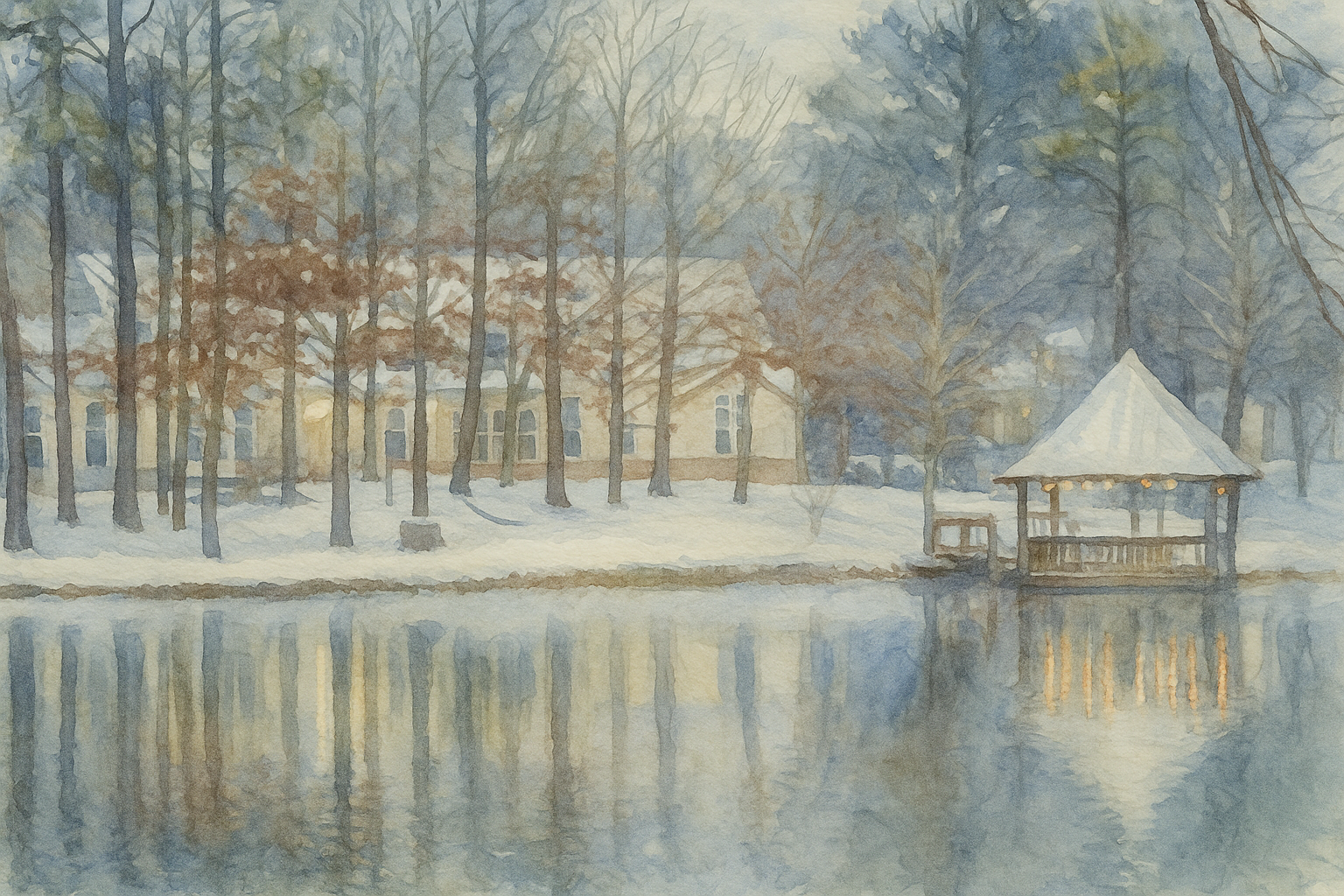 Magnolia Creek - watercolor of lakefront in snow