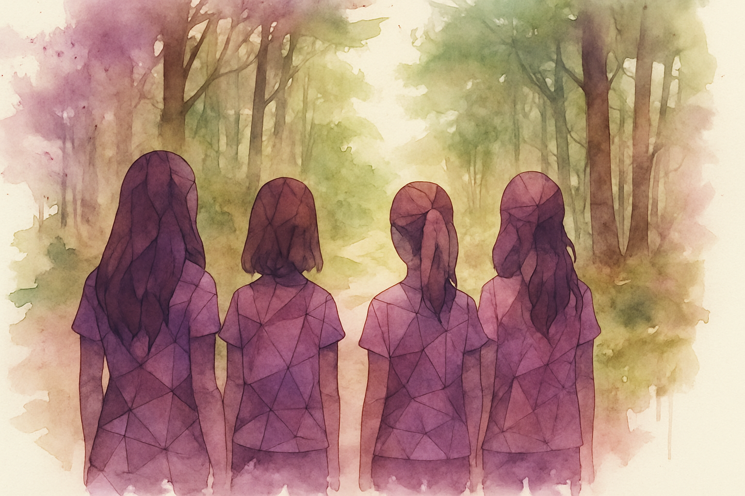 Magnolia Creek Featured Image - Watercolor geometric painting of young kids on path in woods