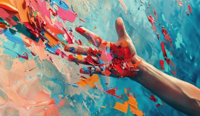 3D retro abstract artwork collage of arm leaving social media likes 3D retro abstract artwork collage of arm leaving social media likes