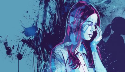 Sad Woman with Hand on Face and Abstract Blue Background