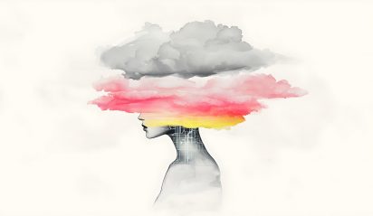 Woman with Cloudy Head, Abstract Art, White Background.