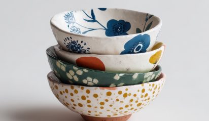 Stacked Modern Ceramic Bowls with Colorful Floral and Abstract Designs