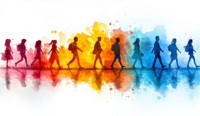 Group of people walking silhouetted against colorful, painterly watercolor background
