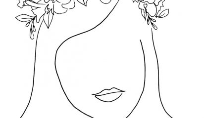 Continuous line drawing of woman wearing a flower crown