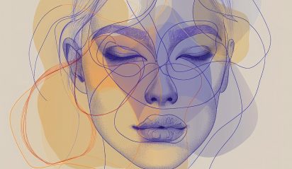Continuous line drawing of woman's face with blue and orange accents