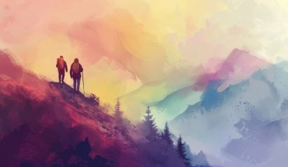 15. Mountain Hiking, realistic style, muted tones, watercolor pattern, high angle, bright light, smoke,