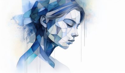 Drawing of woman’s head shot portrait with sad expression in her face, eye closed in water color on white background for depression, mental health disorder concept Drawing of woman’s head shot portrait with sad expression in her face, eye closed in water color on white background for depression, mental health disorder concept