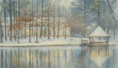 Magnolia Creek - watercolor of lakefront in snow