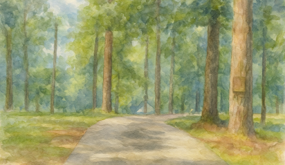 Magnolia Creek – Watercolor painting of tree lined path Magnolia Creek - Watercolor painting of tree lined path