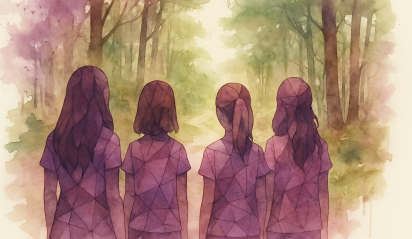 Magnolia Creek Featured Image - Watercolor geometric painting of young kids on path in woods