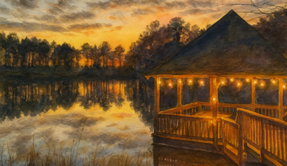 Magnolia Creek Watercolor painting of gazebo at lake at sunset Magnolia Creek Watercolor painting of gazebo at lake at sunset